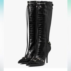 Black Animal Skin Imitated Faux Leather Knee-High Boots